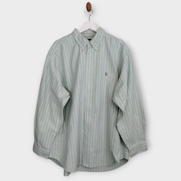 Ralph Lauren Shirt Men 18-34/35 Green Blue Striped Flesh Pony Casual Button Down - Picture 1 of 9